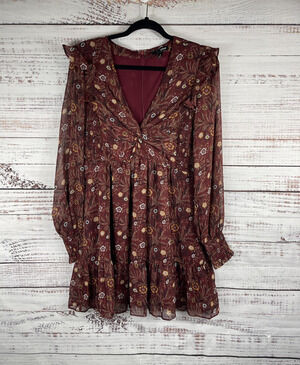 Aqua Dress Women's Large Burgundy Floral Long Sleeve Boho Ruffle Metallic Fall